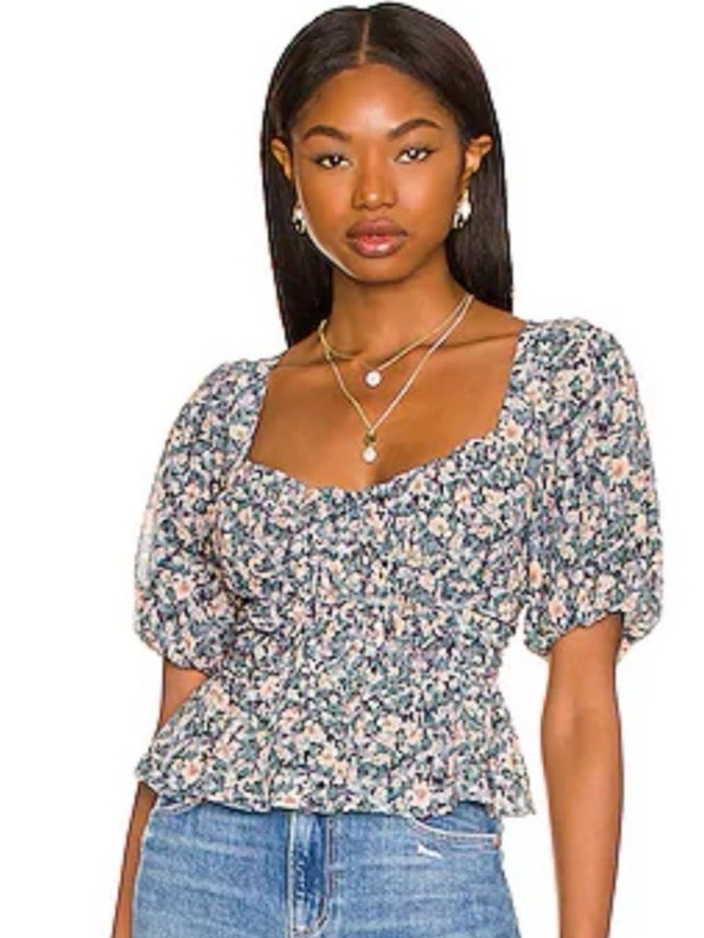 Astr - Clairemont Top in Blue Peach Multi Floral Puff-Sleeve Blouse (Small)